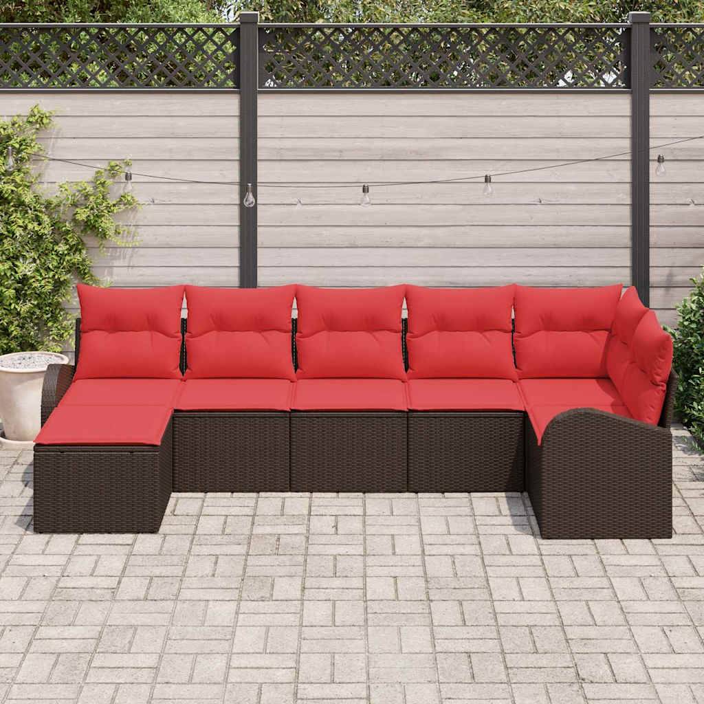 vidaXL Sofa Set mit Kissen 7 pcs Braun und Rot Poly-Rattan