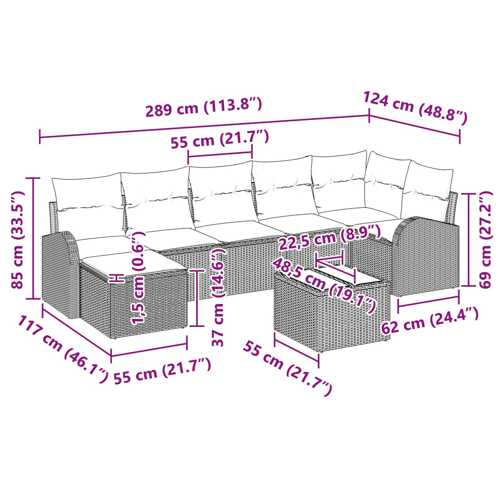 vidaXL Sofa Set mit Kissen 8 pcs Braun und Rot Poly-Rattan