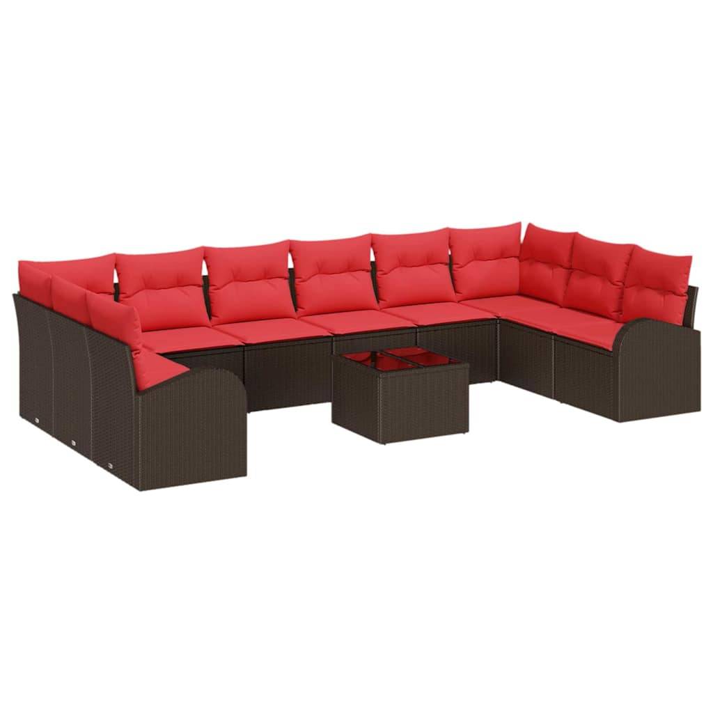 vidaXL Gartensofa-set mit Kissen 11 pcs Braun und Rot Poly-Rattan