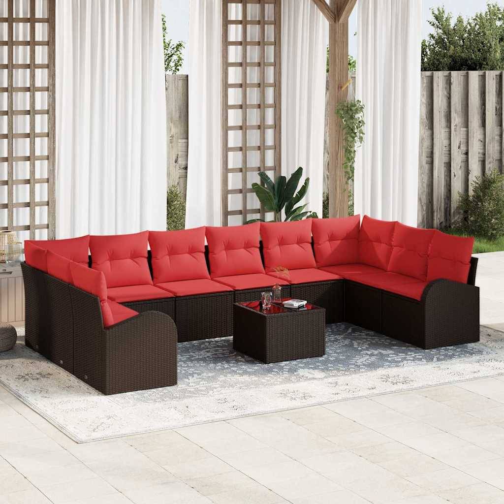 vidaXL Gartensofa-set mit Kissen 11 pcs Braun und Rot Poly-Rattan