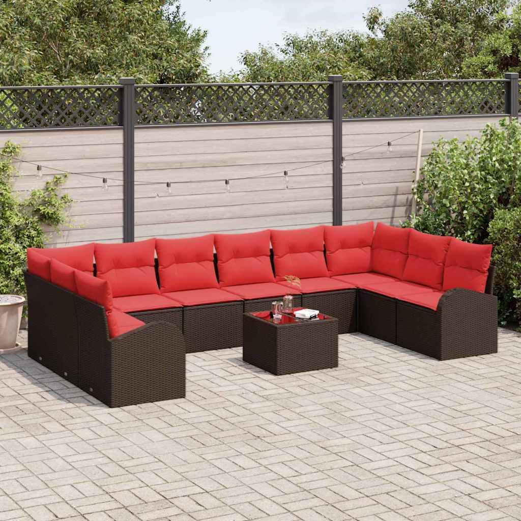 vidaXL Gartensofa-set mit Kissen 11 pcs Braun und Rot Poly-Rattan
