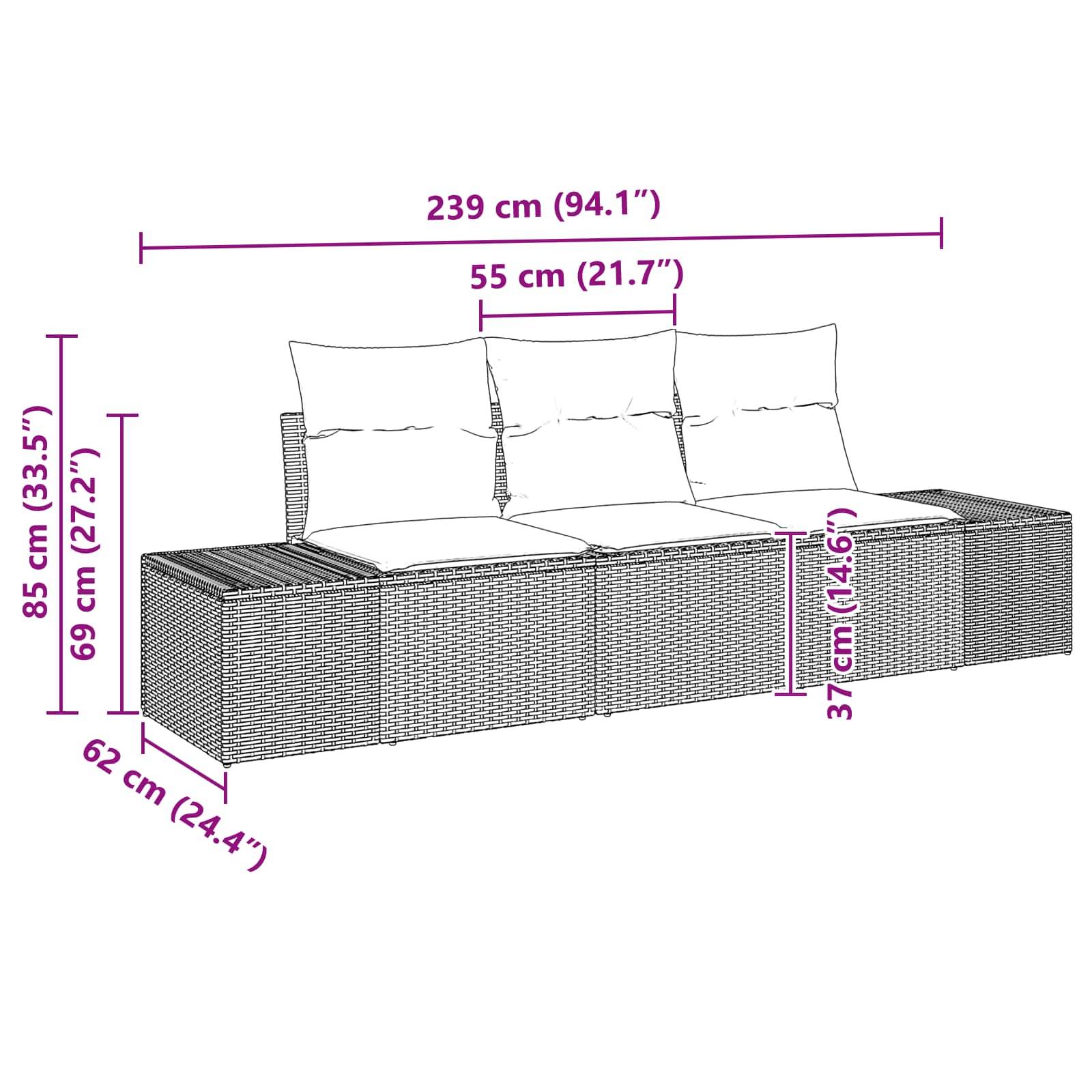 vidaXL Sofa Set mit Kissen 3 pcs Braun Poly-Rattan