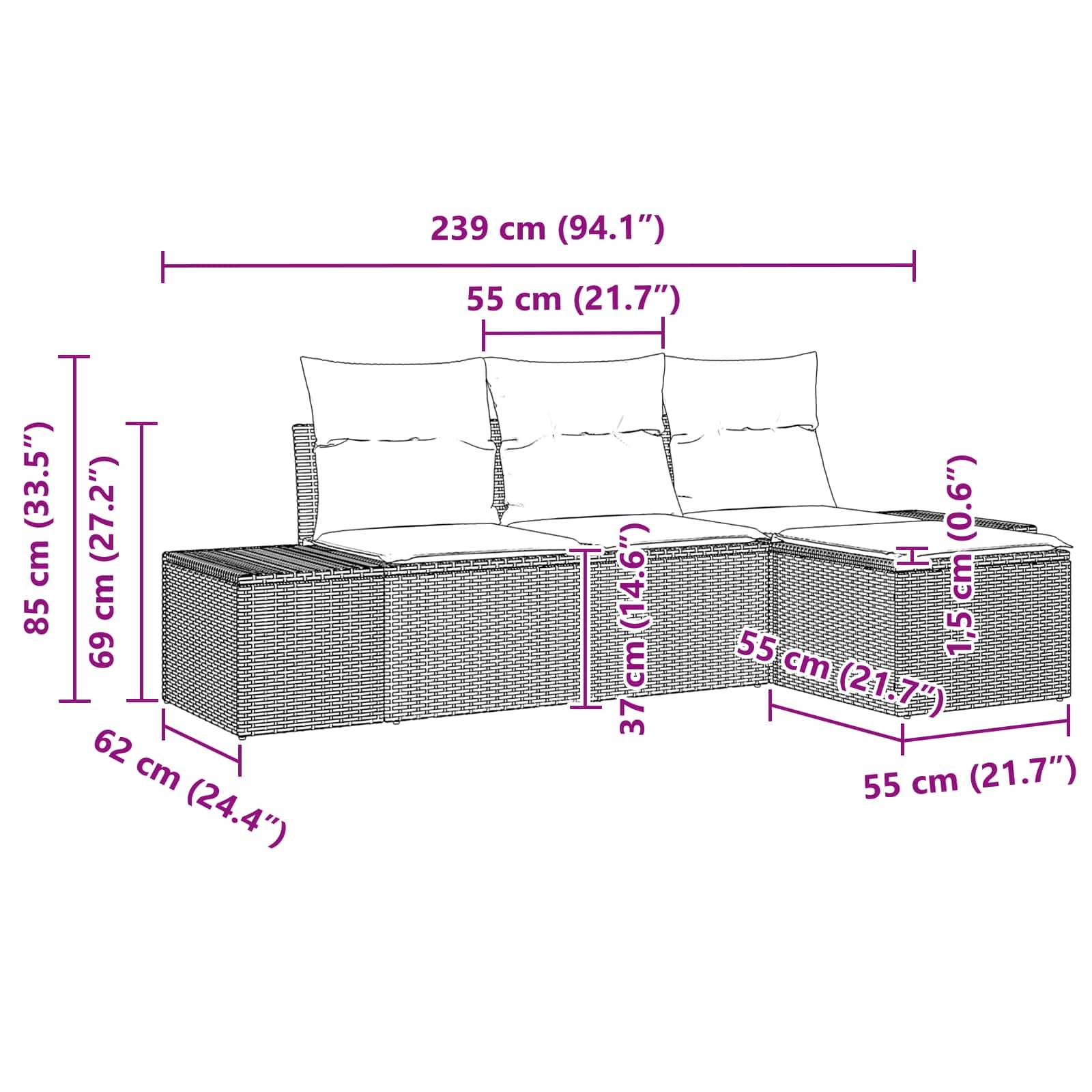 vidaXL Sofa Set mit Kissen 4 pcs Braun Poly Rattan