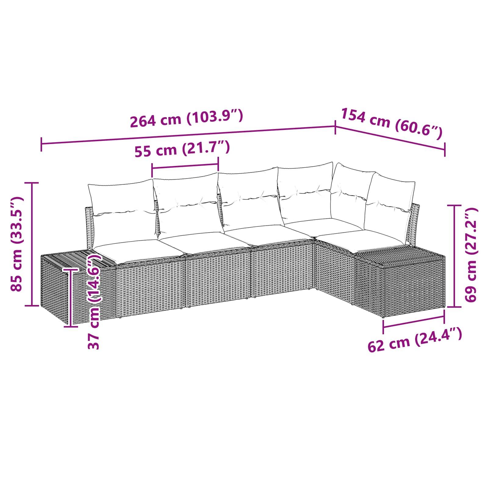 vidaXL Gartensofa-set mit Kissen 5 pcs Braun Poly-Rattan