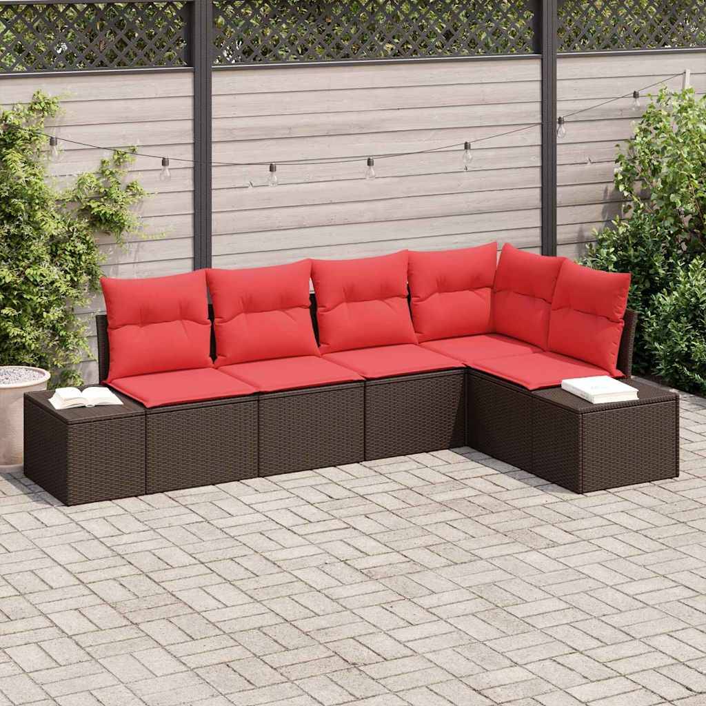 vidaXL Gartensofa-set 5 stk. Braun und Rot Poly-Rattan