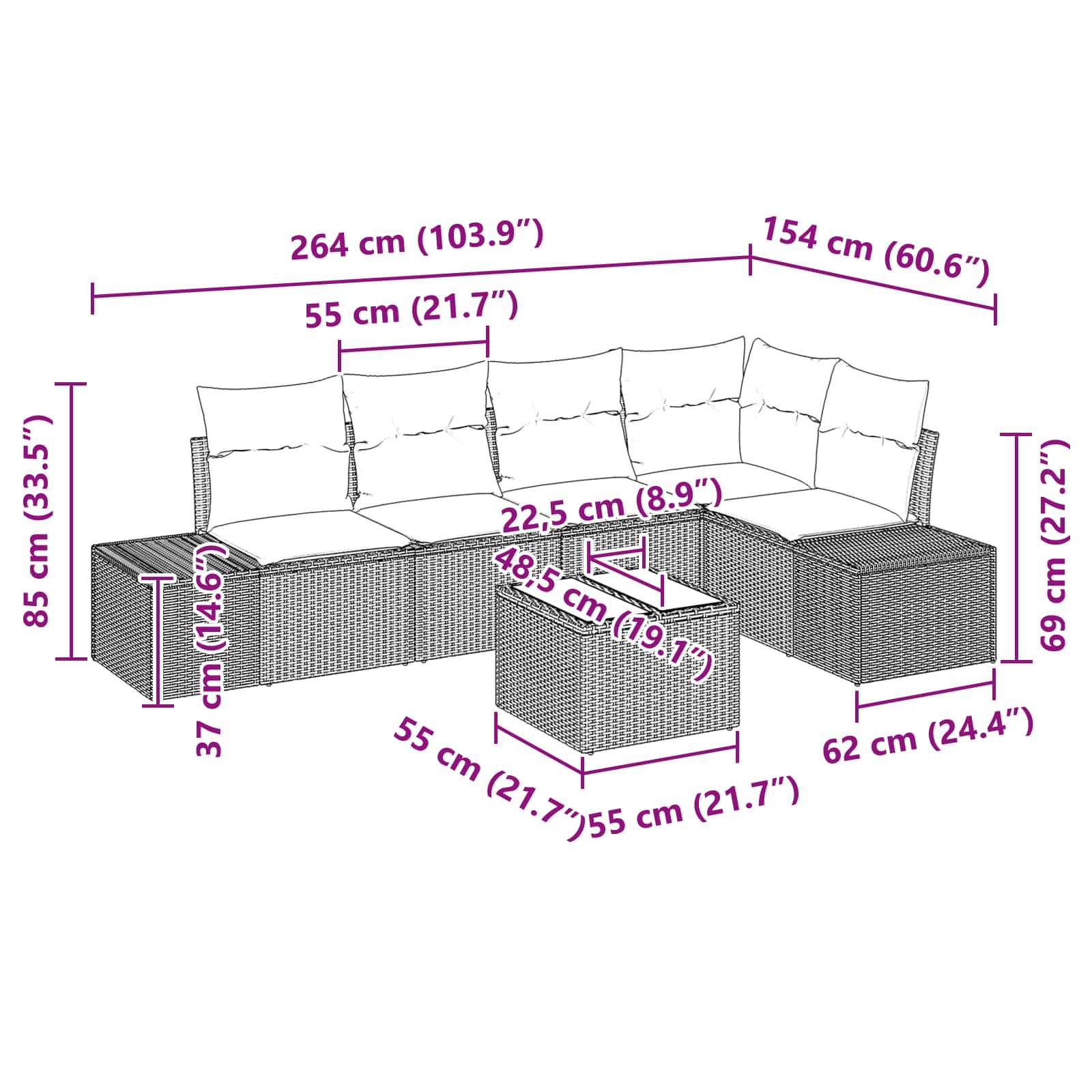 vidaXL Gartensofa-set mit Kissen 6 pcs Braun Poly-Rattan