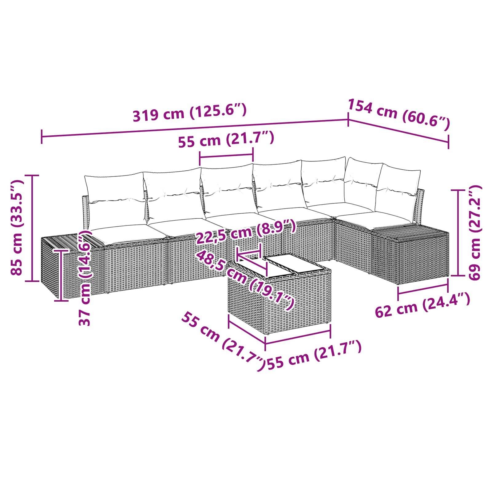vidaXL Gartensofa-set mit Kissen 7 pcs Braun Poly-Rattan