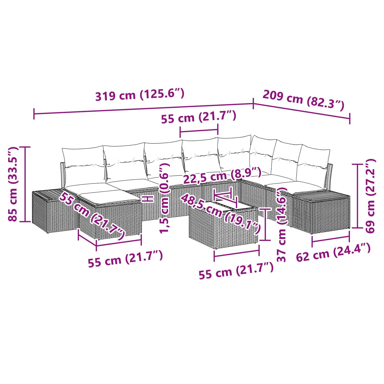 vidaXL Gartensofa-set mit Kissen 9 pcs Braun Poly-Rattan