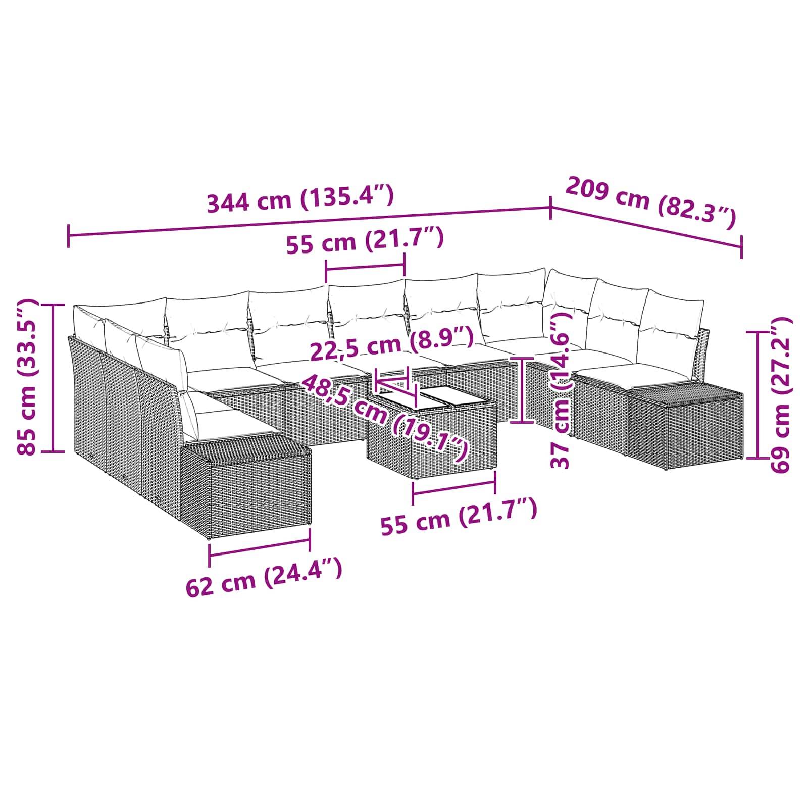 vidaXL Gartensofa-set mit Kissen 11 pcs Braun Poly-Rattan