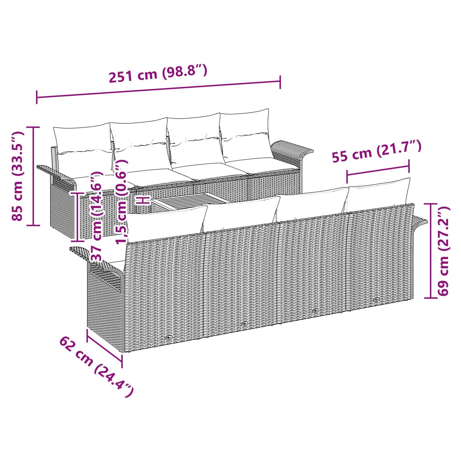 vidaXL Gartensofa-set mit Kissen 9 pcs Grau Poly-Rattan