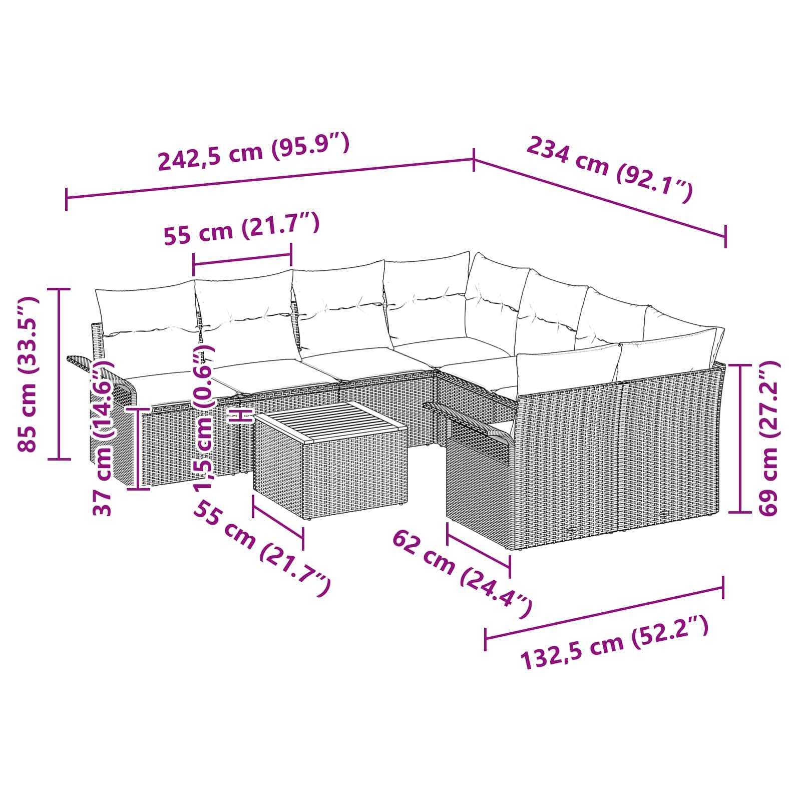 vidaXL Gartensofa-set mit Kissen 9 pcs Grau Poly-Rattan