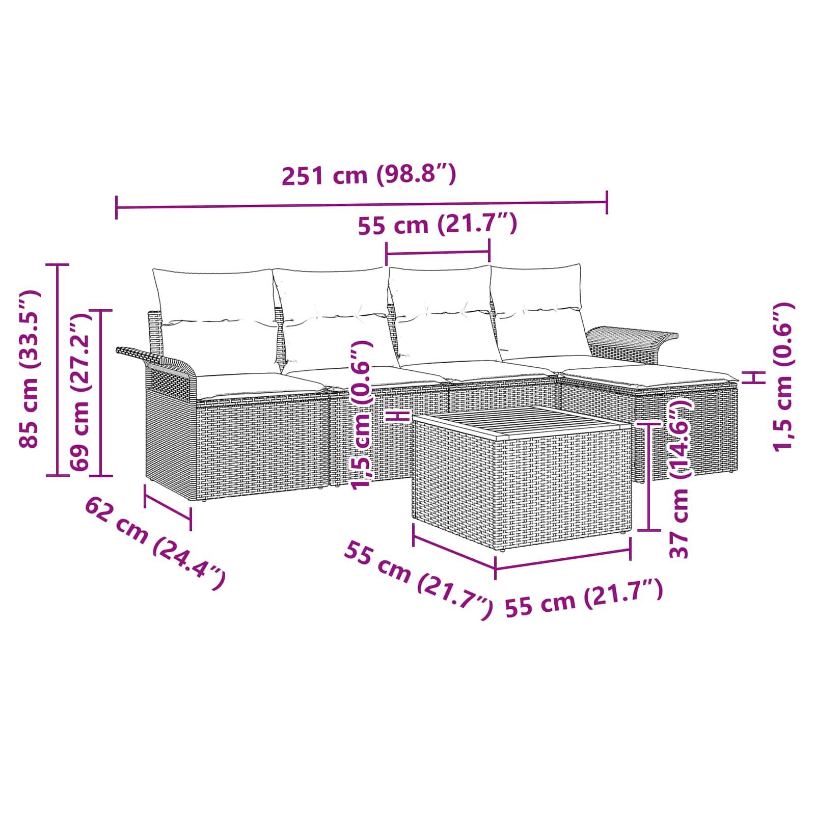 vidaXL Gartensofa-set mit Kissen 6 pcs Schwarz Poly-Rattan