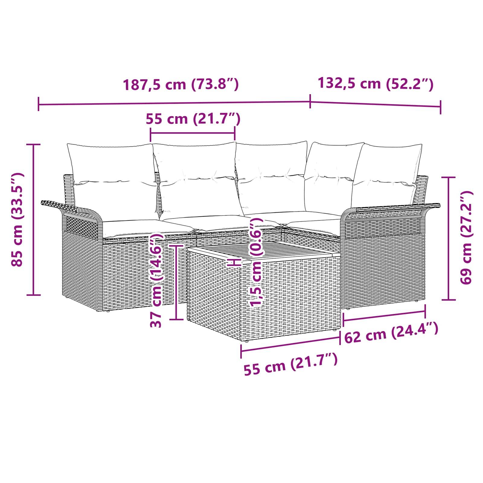 vidaXL Gartensofa-set mit Kissen 5 pcs Grau Poly-Rattan