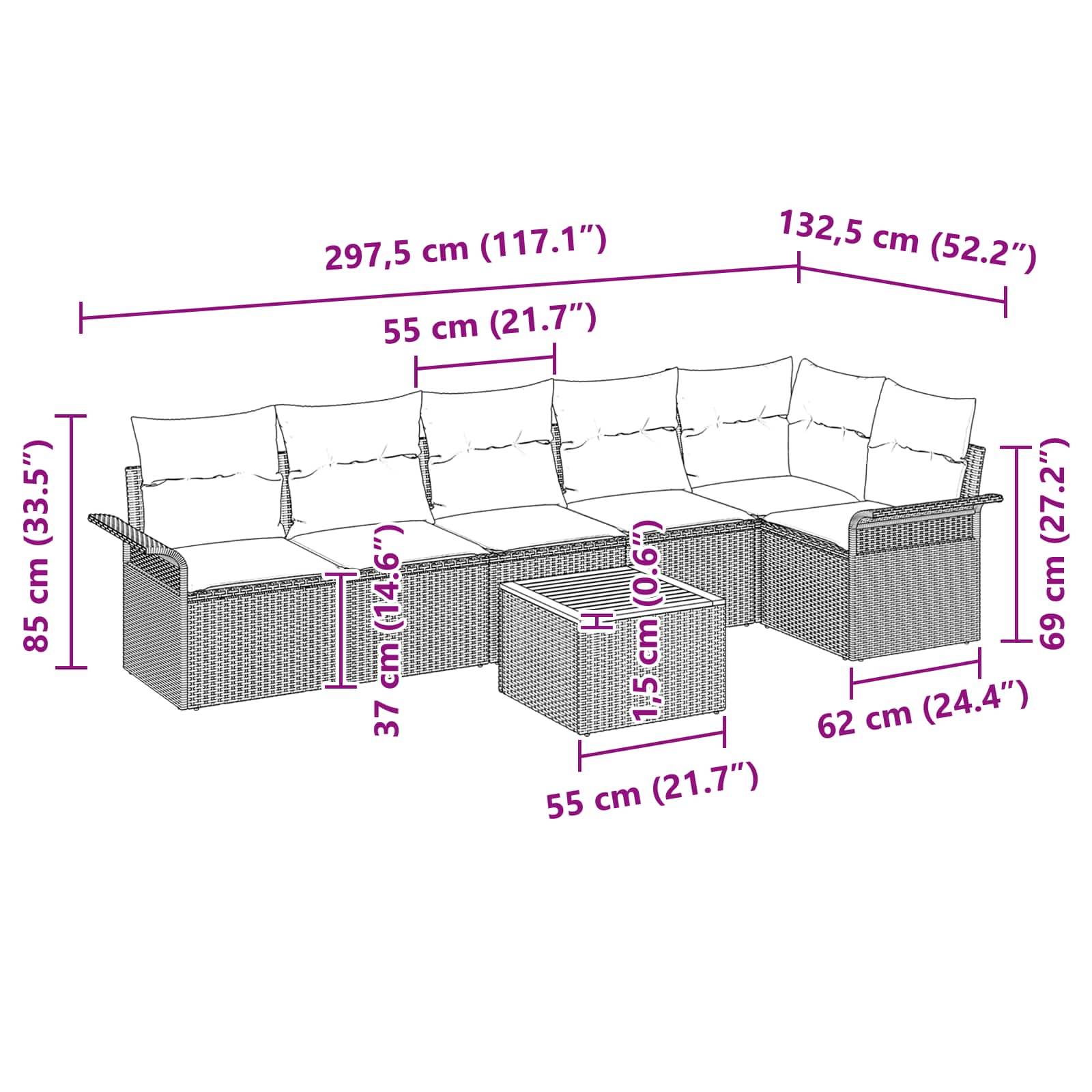 vidaXL Gartensofa-set mit Kissen 7 pcs Schwarz Poly-Rattan