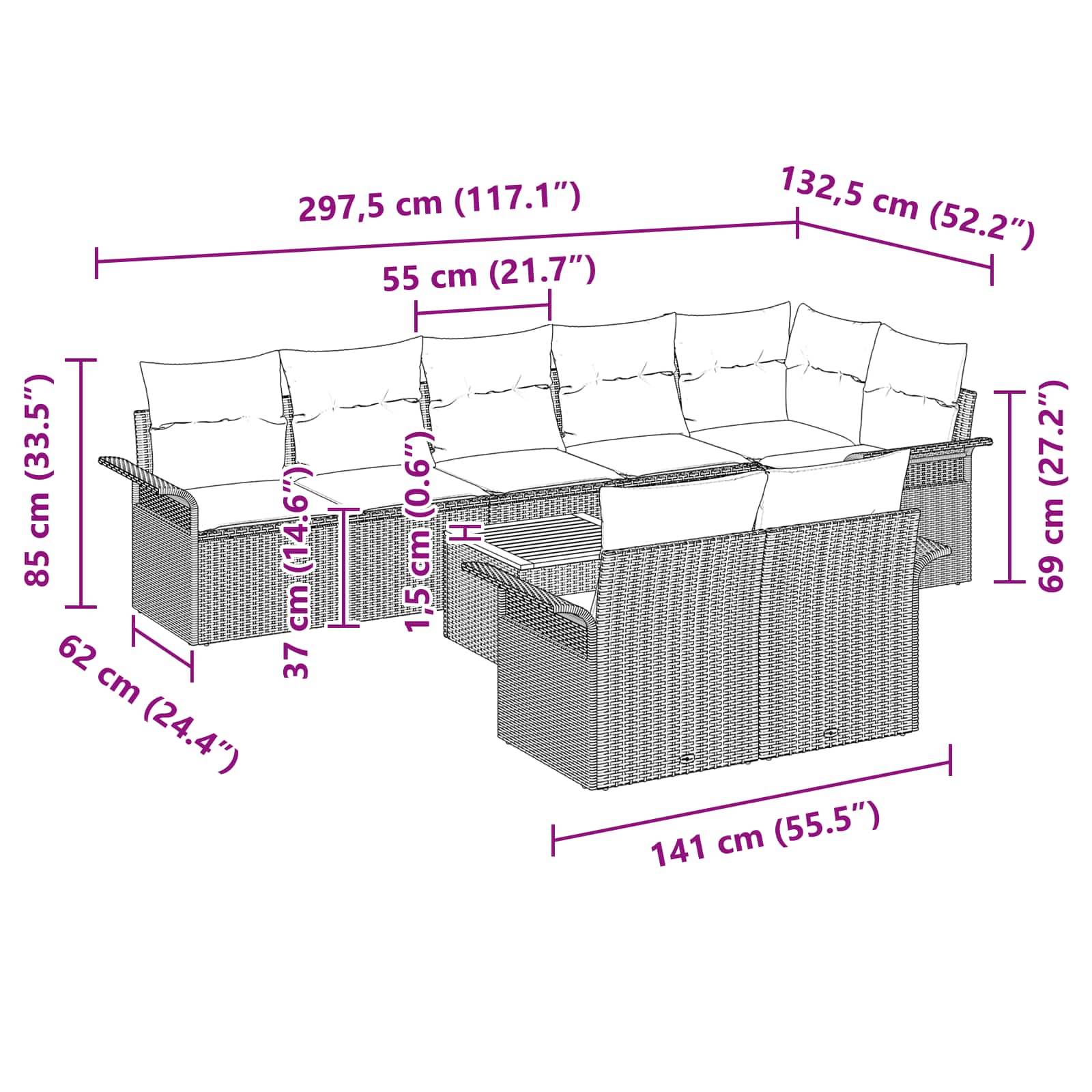 vidaXL Gartensofa-set mit Kissen 9 pcs Grau Poly-Rattan