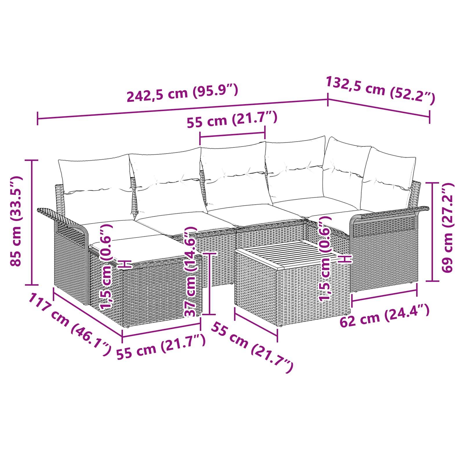 vidaXL Gartensofa-set mit Kissen 7 pcs Grau Poly-Rattan