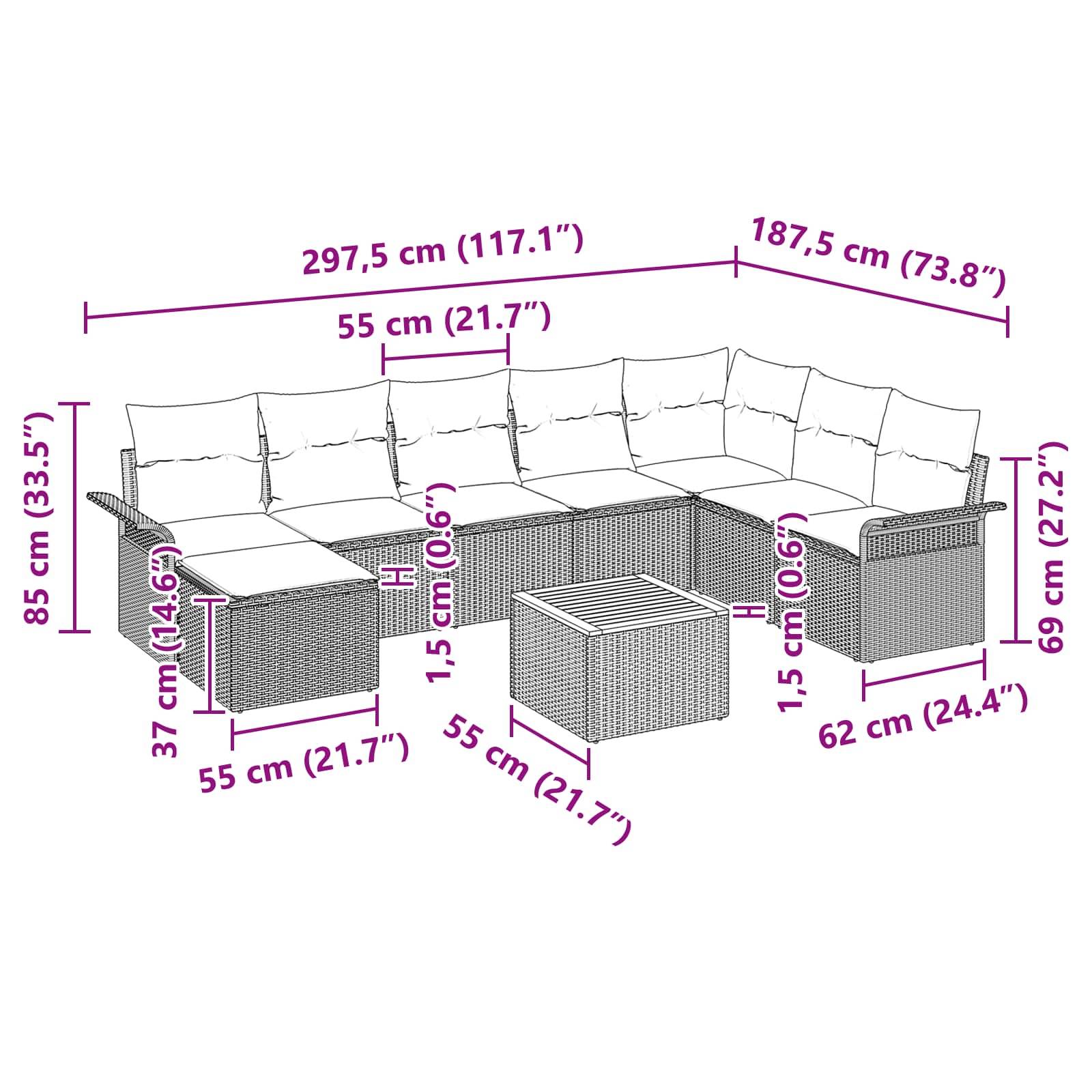 vidaXL Gartensofa-set mit Kissen 9 pcs Grau Poly-Rattan