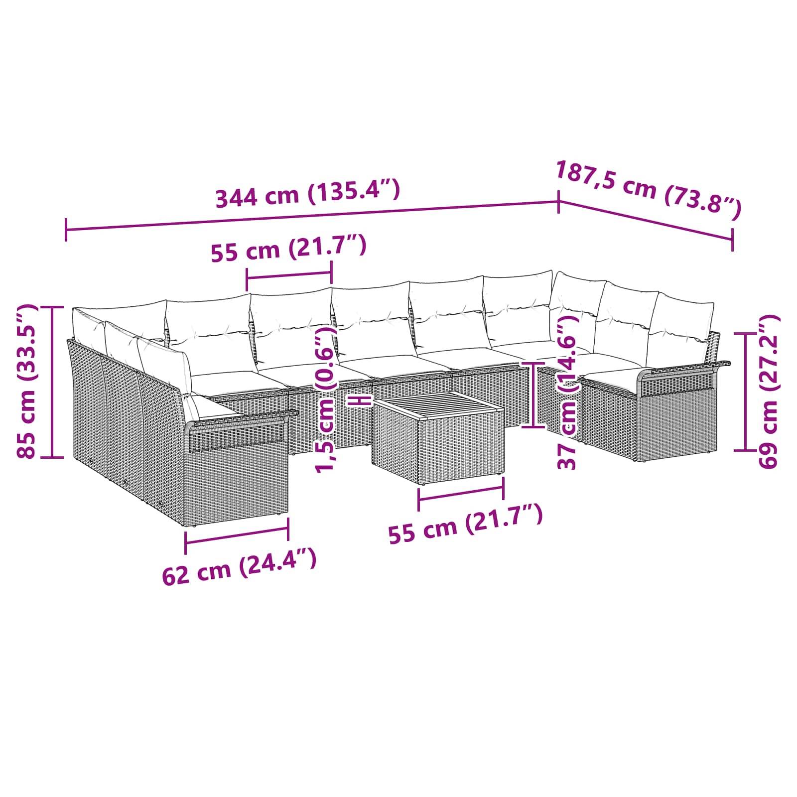 vidaXL Gartensofa-set mit Kissen 11 pcs Schwarz Poly-Rattan
