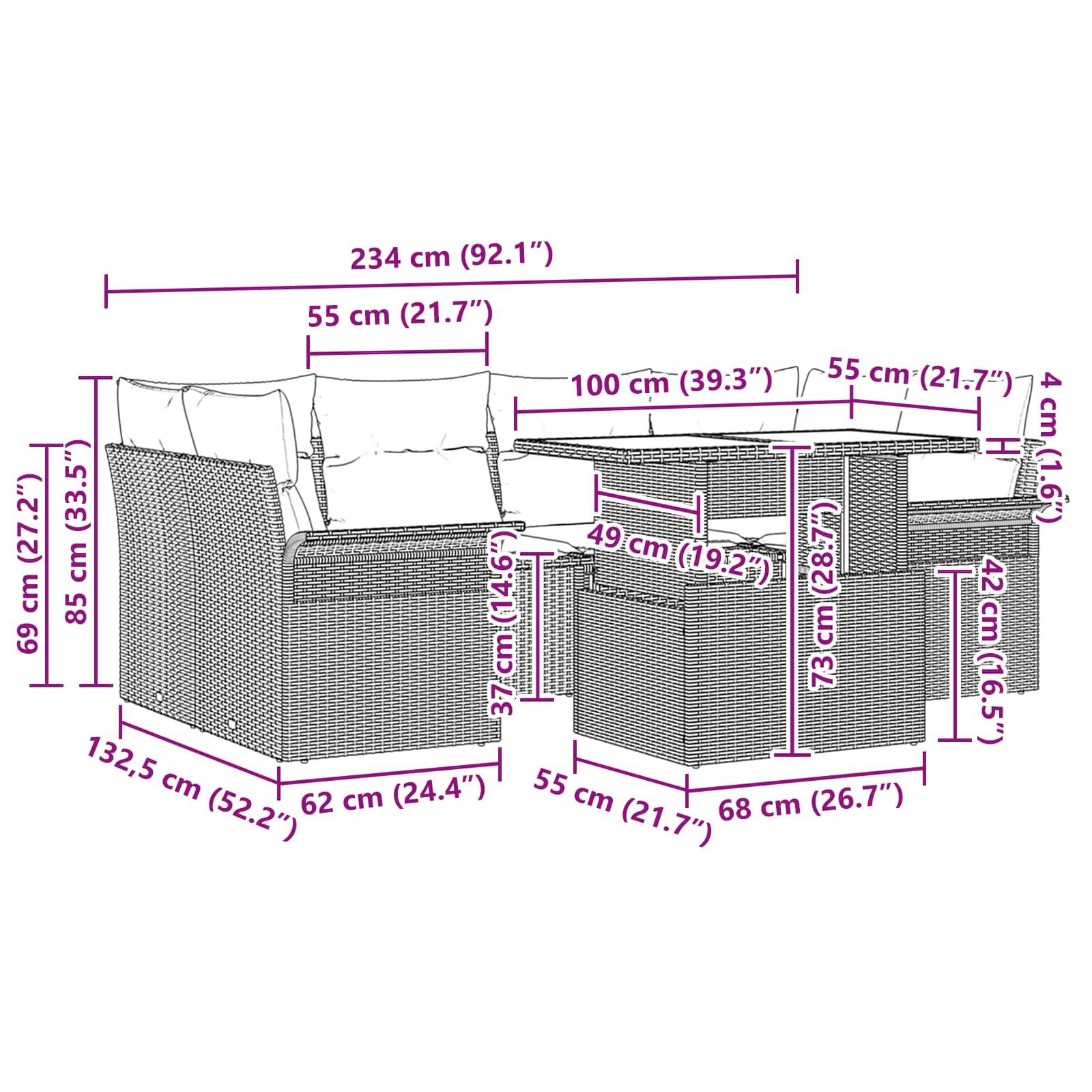 vidaXL Gartensofa-set mit Kissen 7 pcs Schwarz Poly Rattan