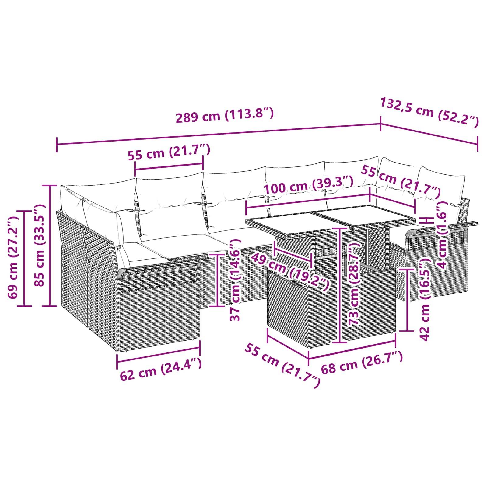 vidaXL Gartensofa-set mit Kissen mit Speicher 8 pcs Grau Poly Rattan
