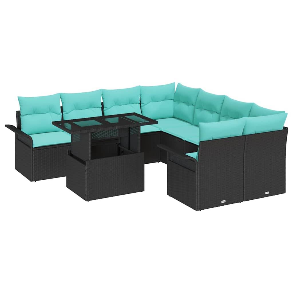 vidaXL Garten-Sofa-Set mit Kissen 9 pcs Schwarz Poly Rattan