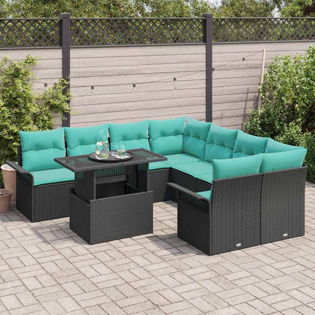 vidaXL Garten-Sofa-Set mit Kissen 9 pcs Schwarz Poly Rattan