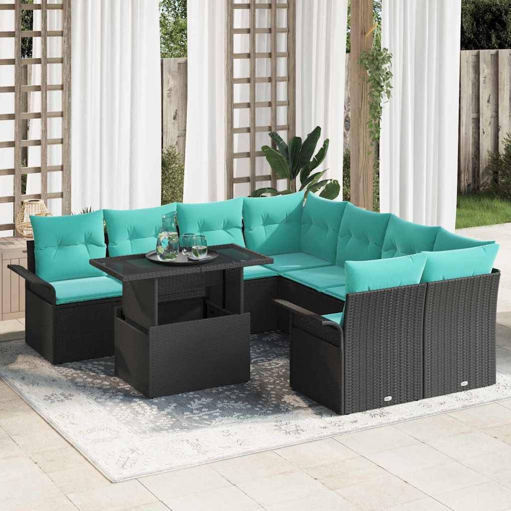 vidaXL Garten-Sofa-Set mit Kissen 9 pcs Schwarz Poly Rattan