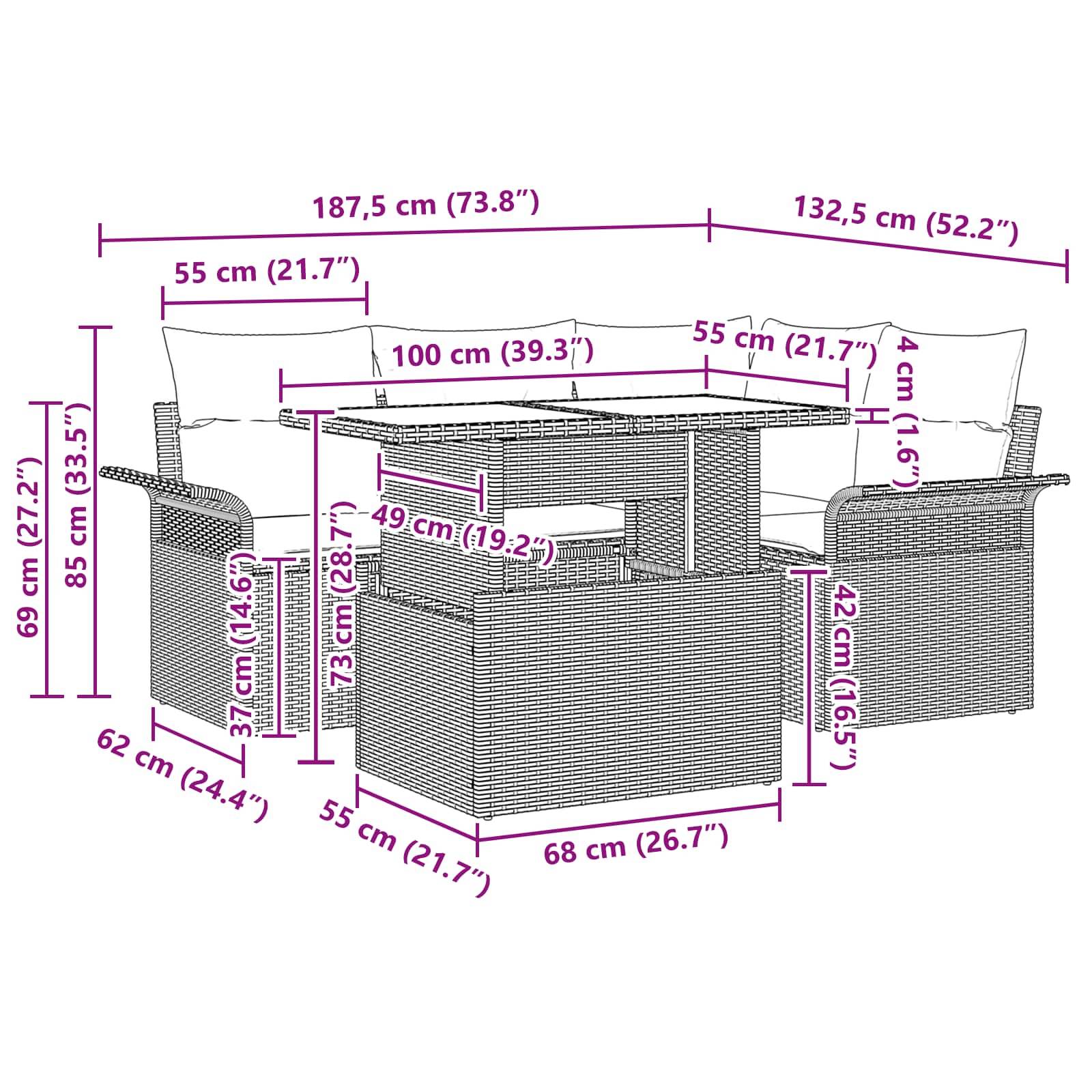 vidaXL Gartensofa-set mit Kissen 5 pcs Schwarz Poly Rattan