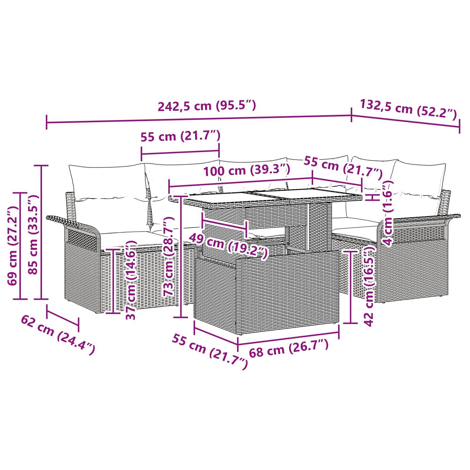 vidaXL Gartensofa-set mit Kissen mit Speicher 6 pcs Braun Poly Rattan
