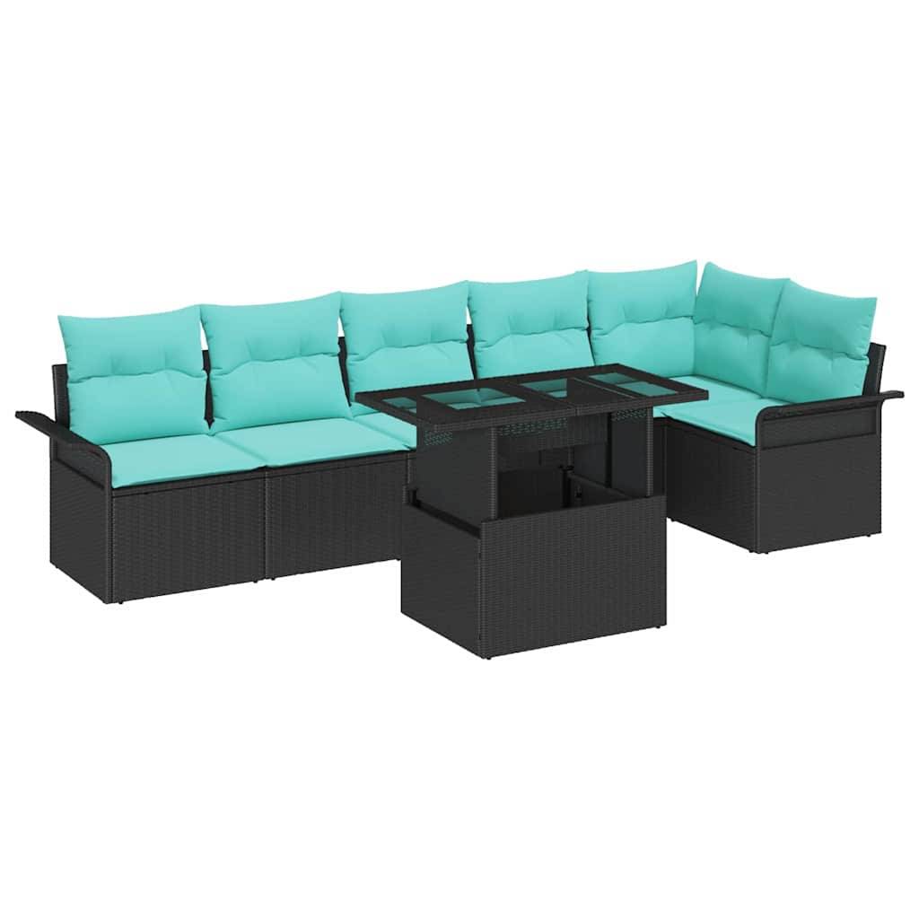 vidaXL Garten-Sofa-Set mit Kissen 7 pcs Schwarz Poly Rattan