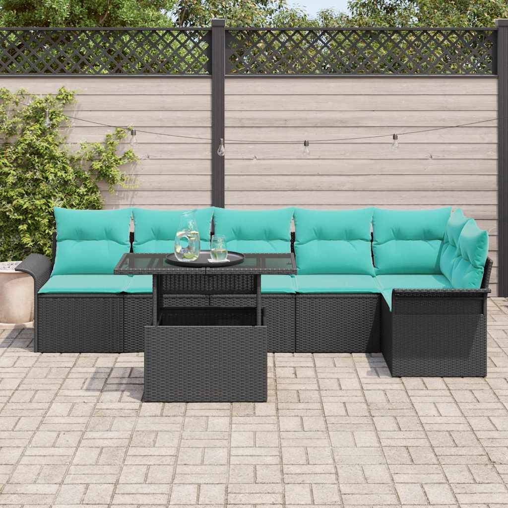 vidaXL Garten-Sofa-Set mit Kissen 7 pcs Schwarz Poly Rattan