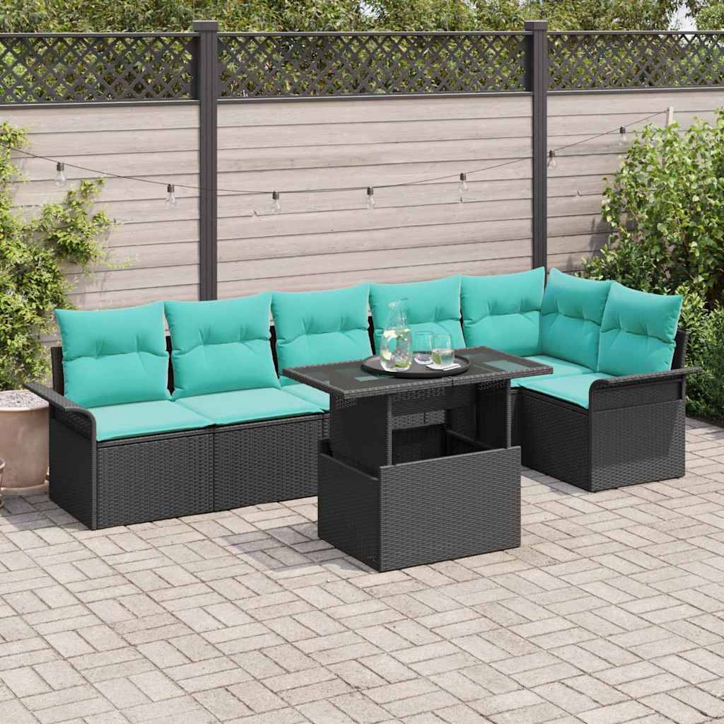 vidaXL Garten-Sofa-Set mit Kissen 7 pcs Schwarz Poly Rattan