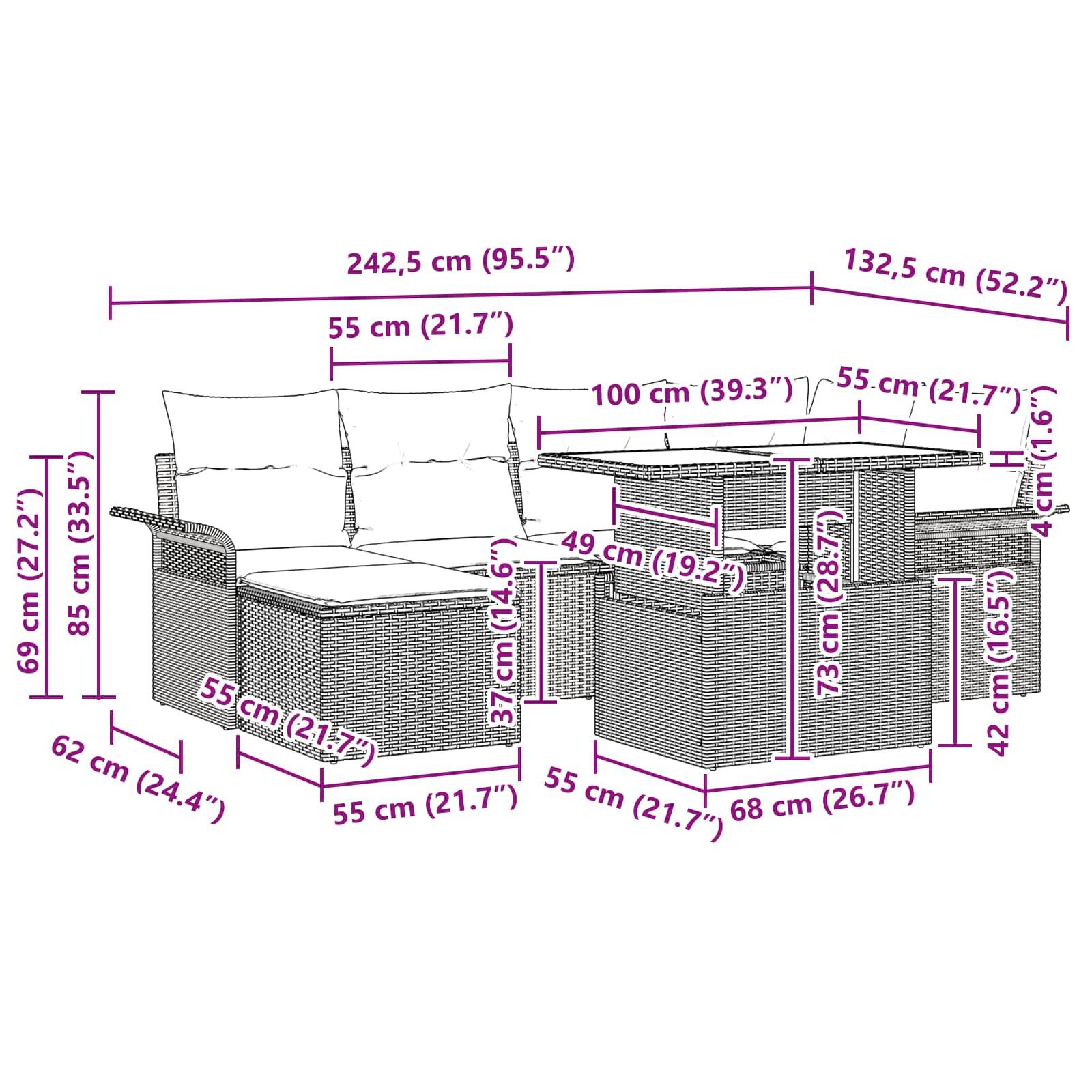 vidaXL Gartensofa-set mit Kissen 7 pcs Grau Poly-Rattan