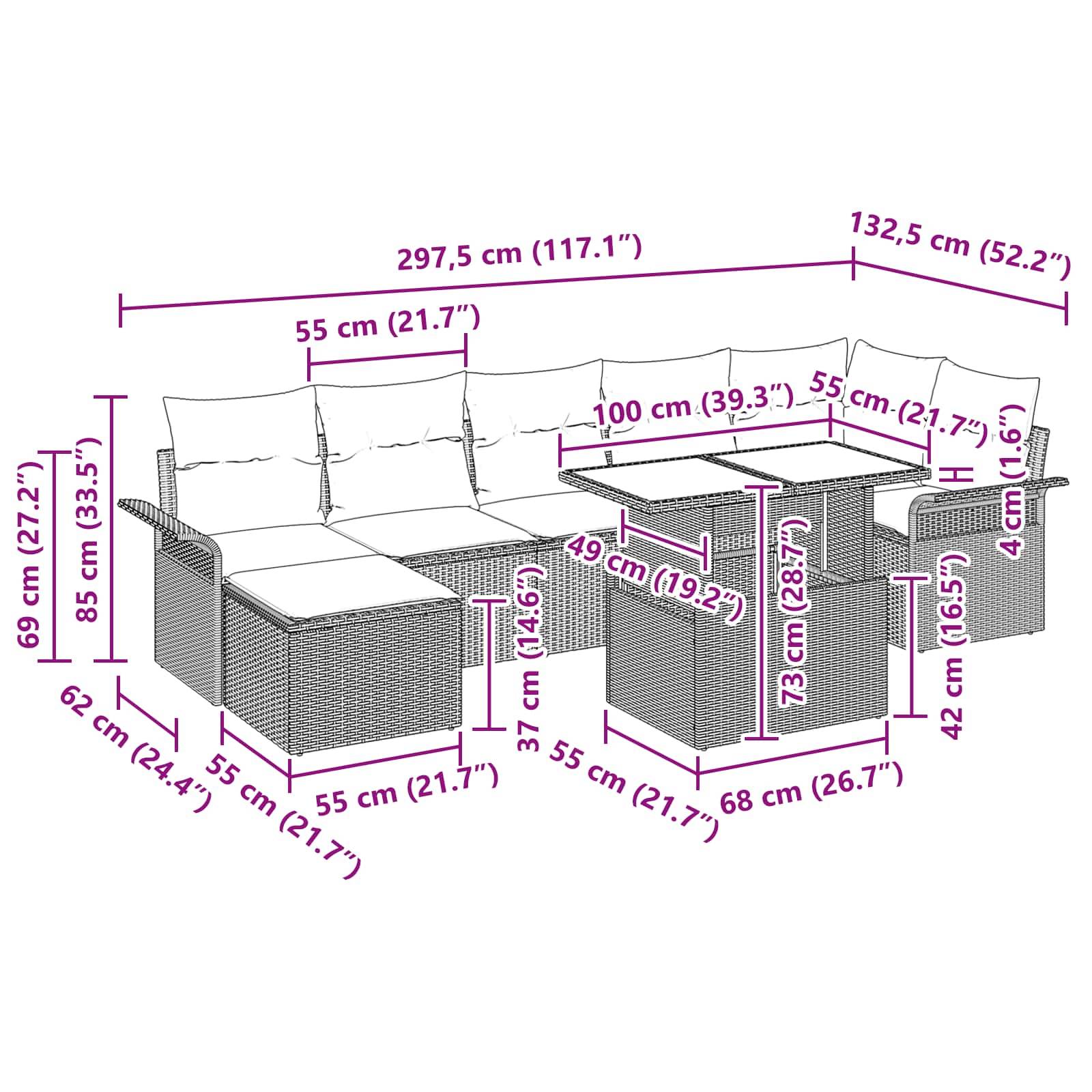 vidaXL Gartensofa-set mit Kissen mit Speicher 8 pcs Grau Poly Rattan