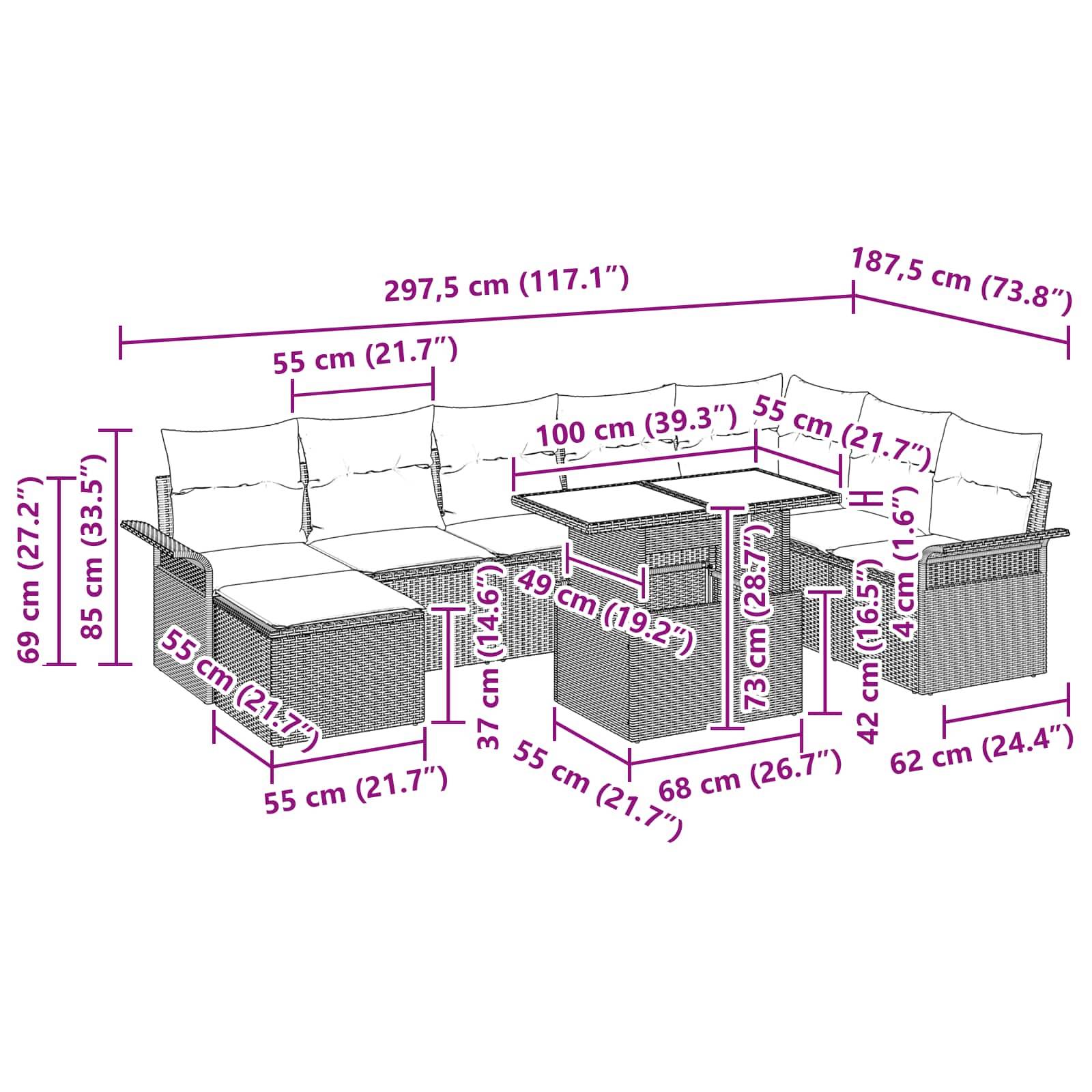 vidaXL Gartensofa-set mit Kissen 9 pcs Grau Poly-Rattan