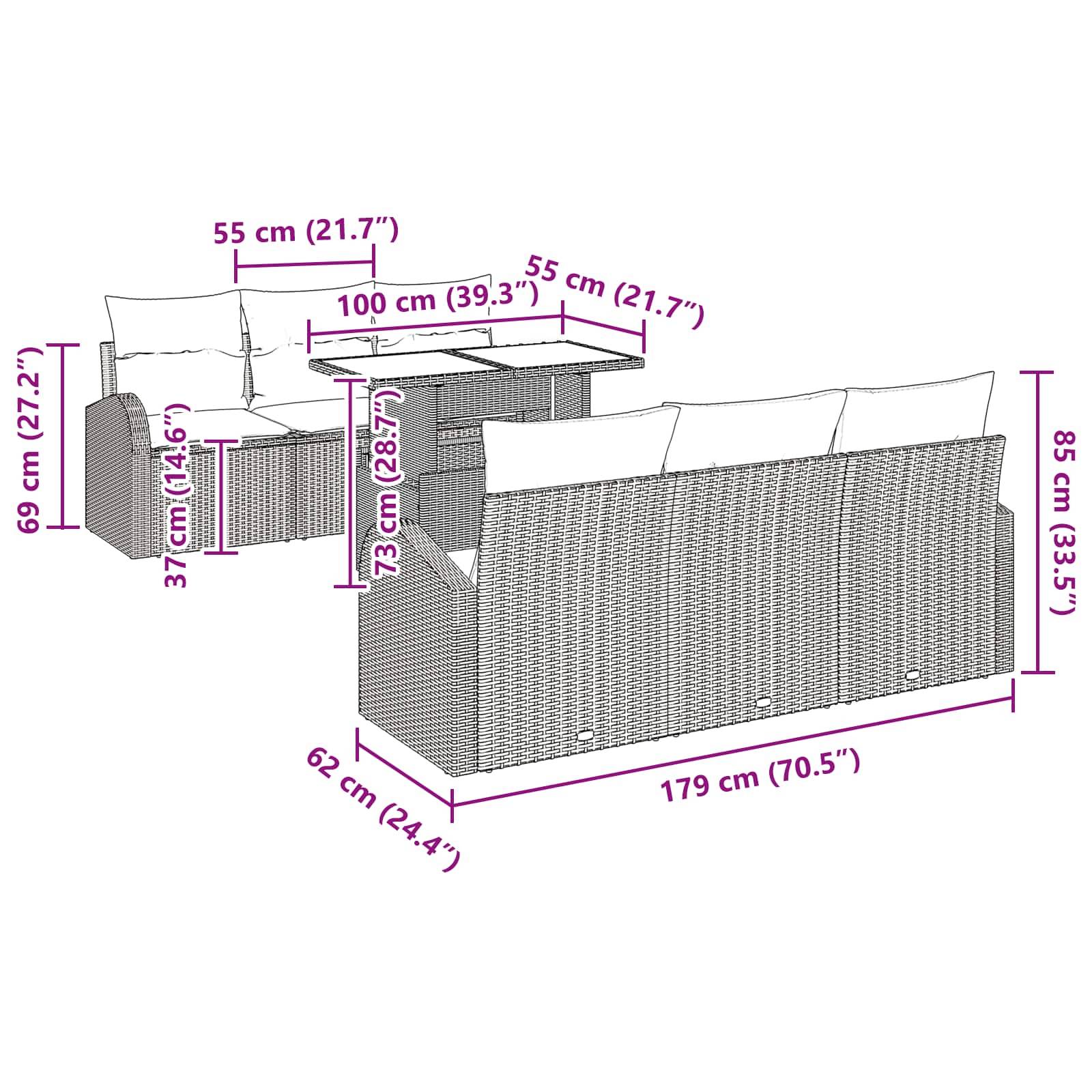 vidaXL Gartensofa-set mit Kissen mit Speicher 7 pcs Braun Poly Rattan