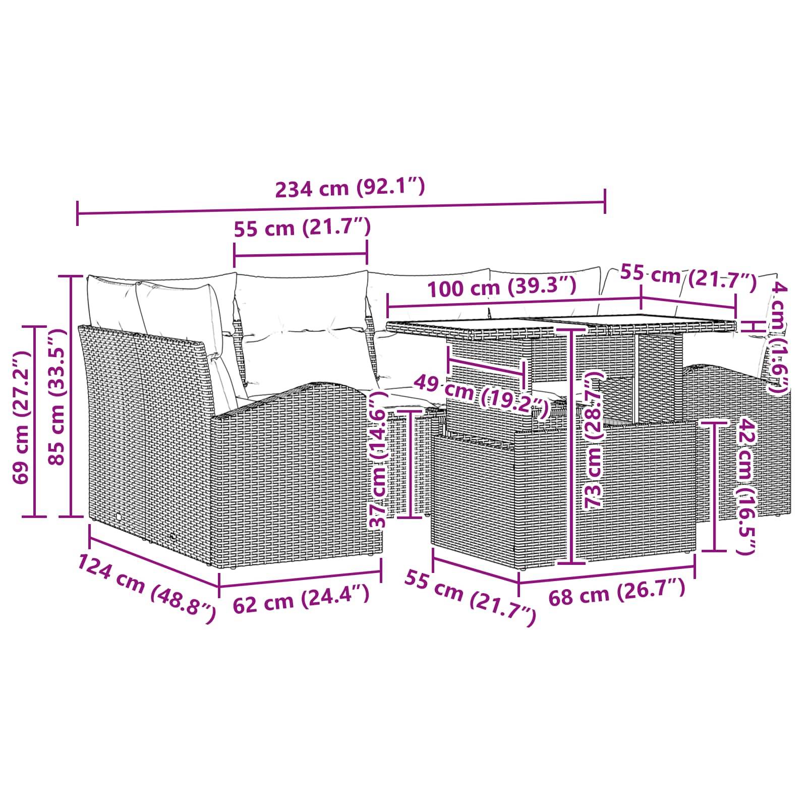 vidaXL Gartensofa-set mit Kissen 7 pcs Braun Poly-Rattan