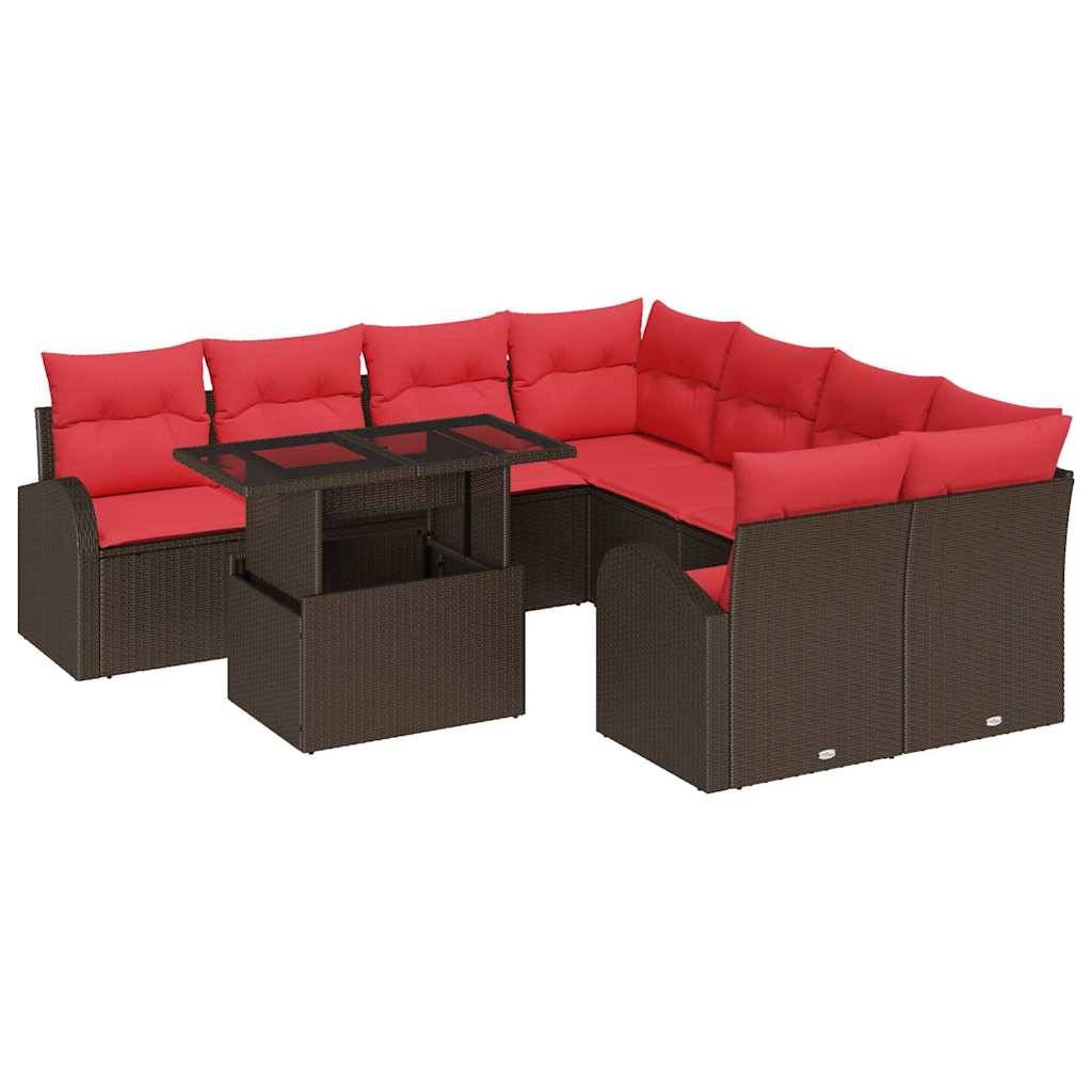 vidaXL Garten-Sofa-Set mit Kissen mit Speicher 9 pcs Braun Poly Rattan