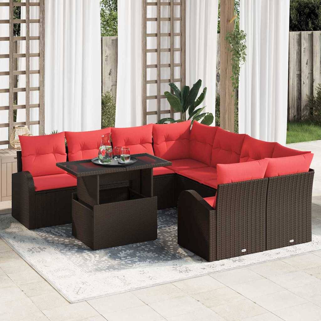 vidaXL Garten-Sofa-Set mit Kissen mit Speicher 9 pcs Braun Poly Rattan