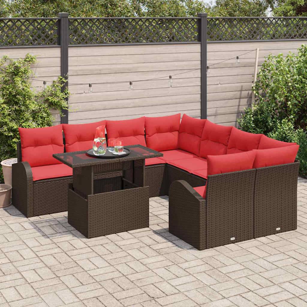 vidaXL Garten-Sofa-Set mit Kissen mit Speicher 9 pcs Braun Poly Rattan