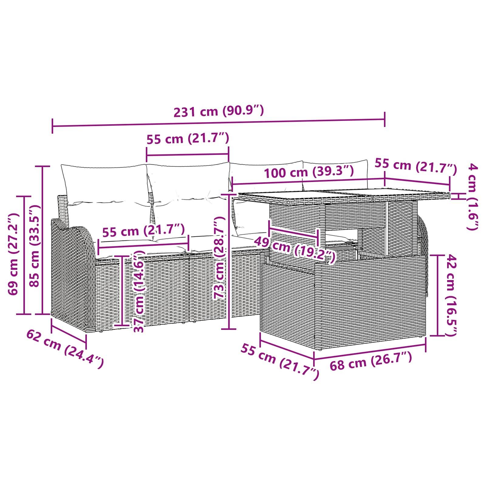Dimensioniertes Diagramm eines Rattanpolster-Sitzmöbelsets für die Terrasse mit Sessel, Beistelltisch und Lagertisch, mit Gesamt- und Komponentenmessungen in cm und Zoll.