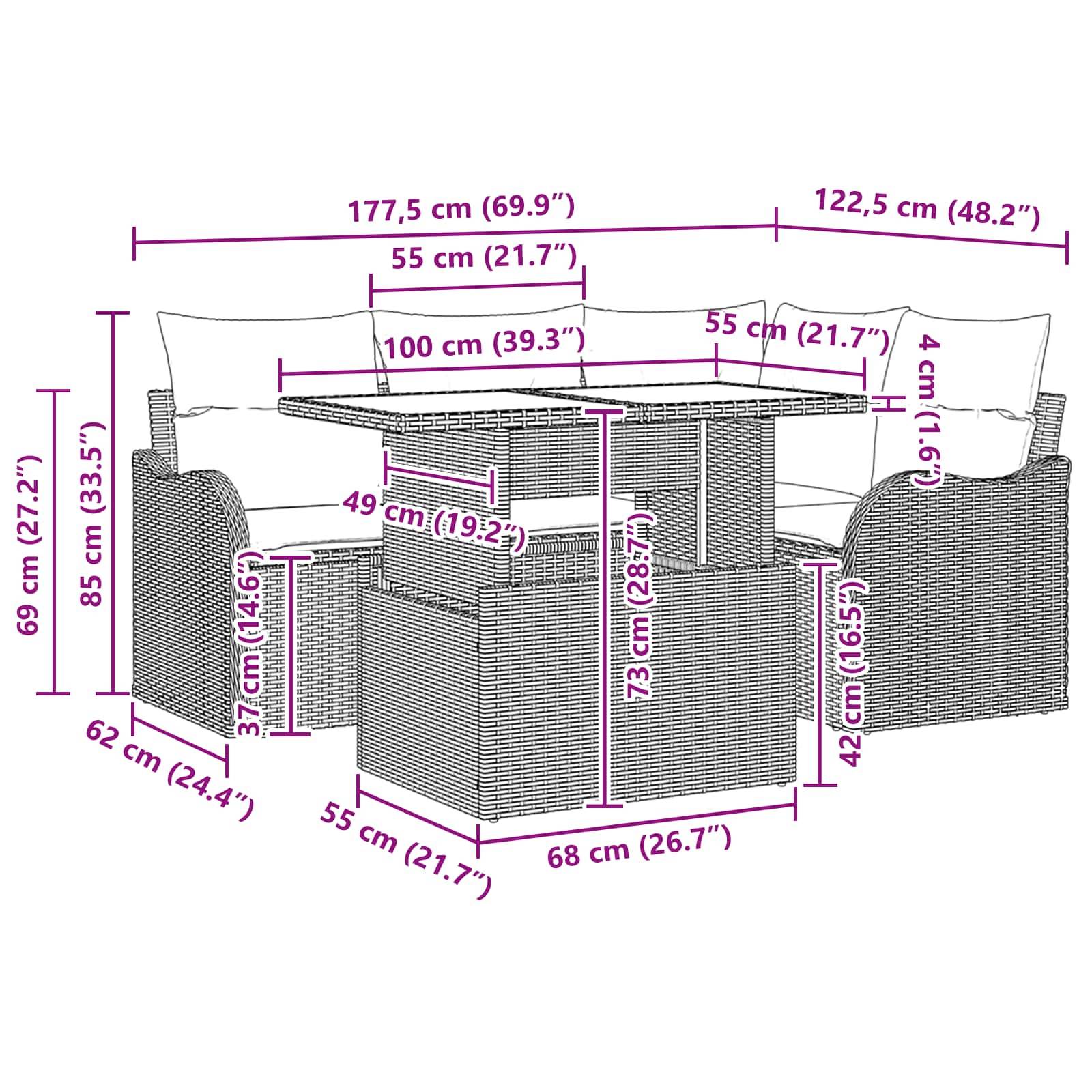 Dimensioniertes Diagramm einer Korbmöbel-Terrassensofagarnitur mit Couchtisch und Sitzkissen, mit Gesamt- und Komponentenmaßen in cm und Zoll.
