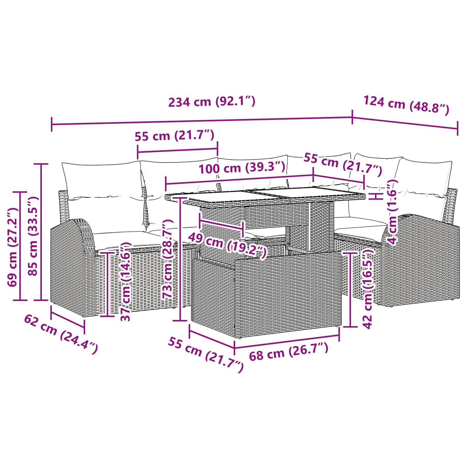 Diagramm zeigt ein Rattan-Terrassenmöbel-Set mit zwei Sesseln, einem quadratischen Tisch und einer Zweiersitzbank, mit Maßen in cm und Zoll gekennzeichnet.