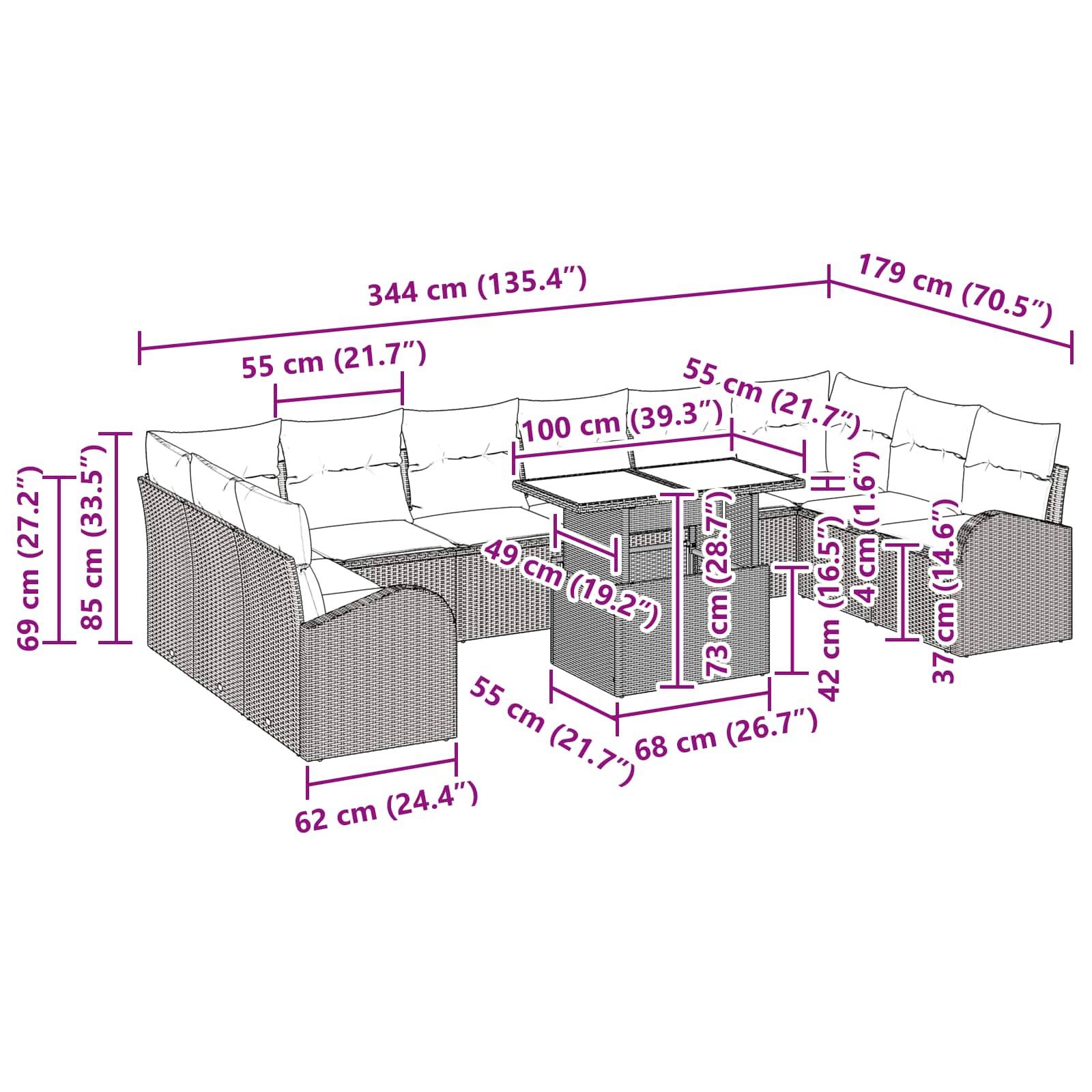 vidaXL Gartensofa-set mit Kissen mit Speicher 11 pcs Braun Poly Rattan