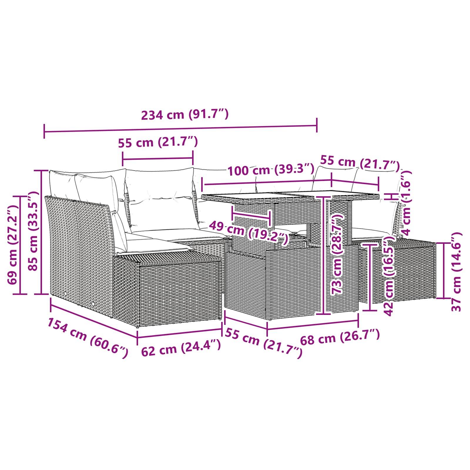 Dimensioniertes Diagramm eines modularen Outdoor-Korb-Ecksofa mit Tisch und Pouf, das die Gesamtgröße von 234 cm Breite und beschriftete Maße für Sitzfläche, Armlehne, Tisch und Pouf zeigt.