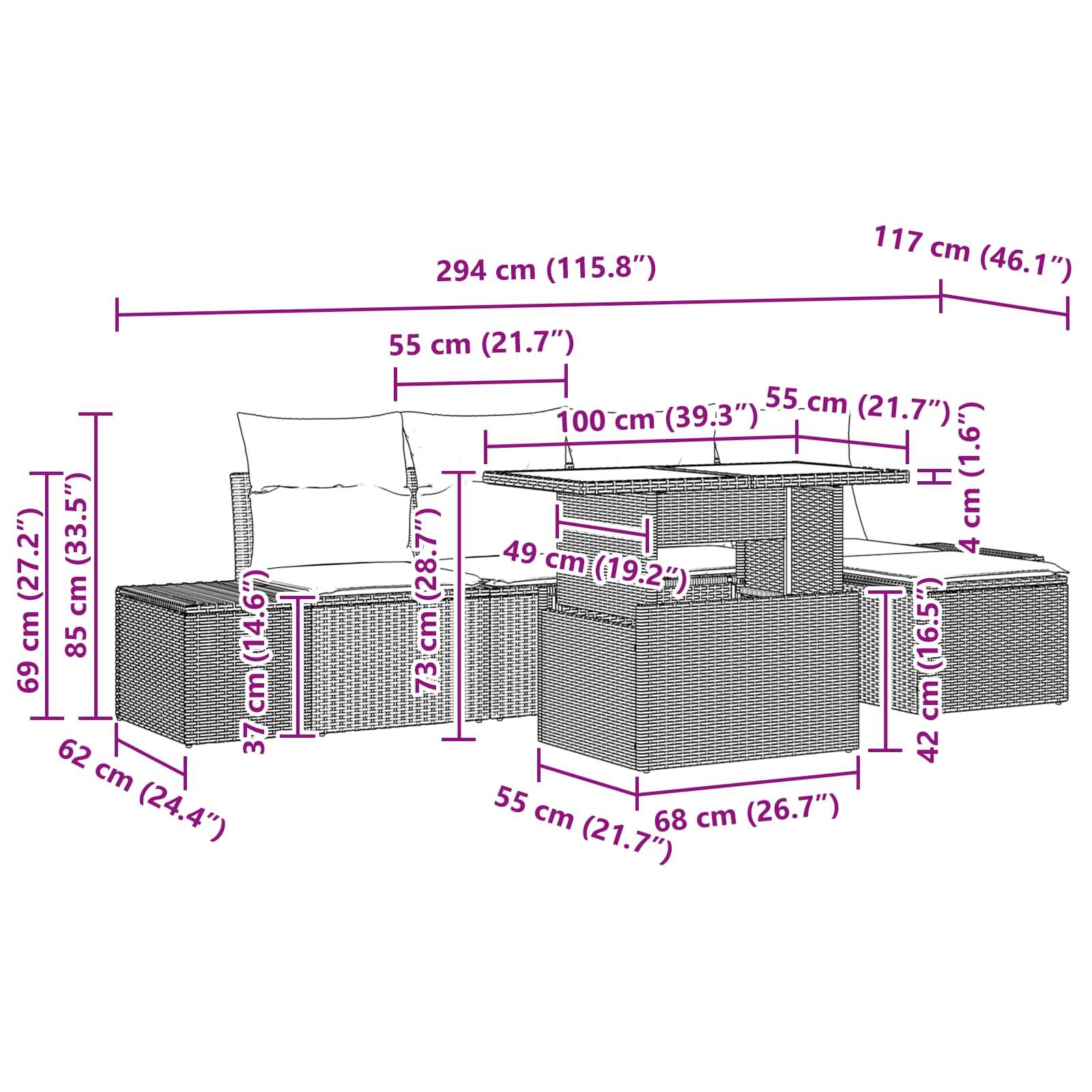 Beschriftetes Diagramm eines Gartenmöbelsatzes mit einem Stuhl, Beistelltischen und einem Couchtisch mit Abmessungen in cm und Zoll.