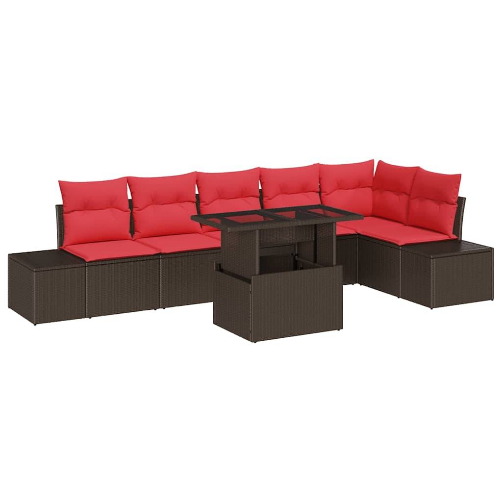 Braunes Korbgeflecht-Außensofa-Set mit roten Kissen und passendem Glastisch auf weißem Hintergrund.