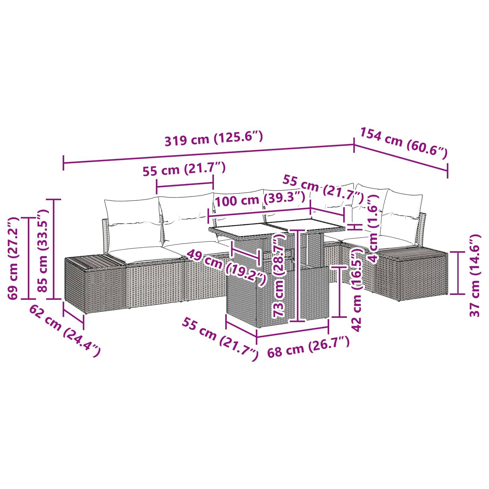 Diagramm eines modularen Outdoor-Patio-Sofasatzes mit Tisch, das Abmessungen für die Ecksofa-Sitze und den mittleren Tisch zeigt.