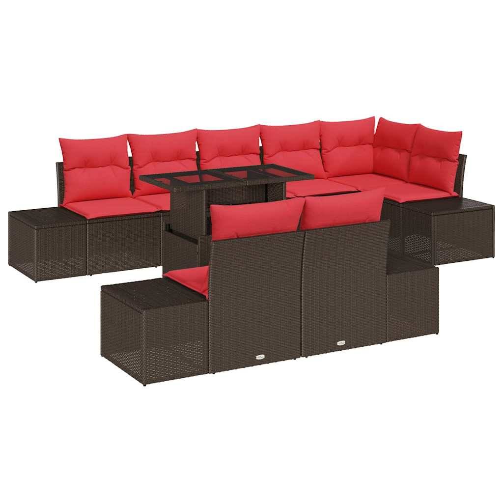vidaXL Gartensofa-set mit Kissen 9 pcs Braun und Rot Poly-Rattan