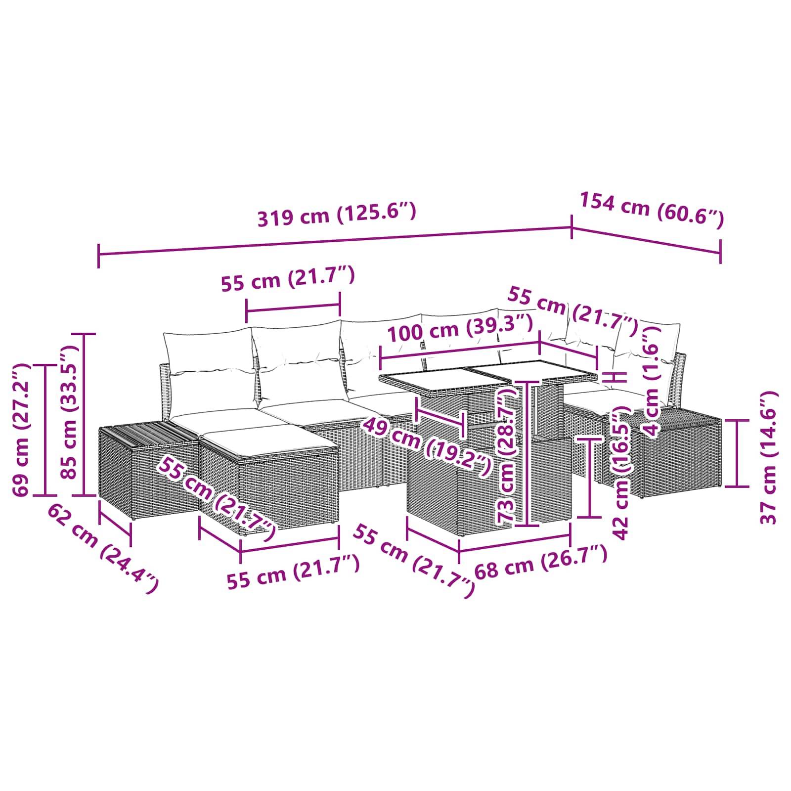 Annotiertes Diagramm einer modularen Outdoor-Sofagarnitur mit Tisch, das Gesamtabmessungen und einzelne Maße für Sitze, Armlehnen, Tisch und Ottomane in cm und Zoll zeigt.